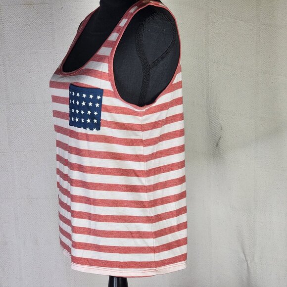 Fifth Sun Red White Stripe Blue Pocket with White Stars Poly Rayon Tank Top Sz L - Picture 8 of 16